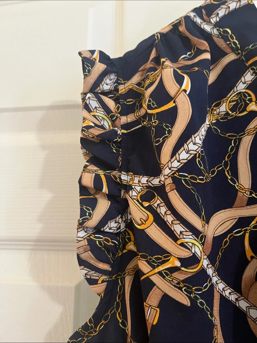 Jasmine Navy Dress with Gold Chain Print, great lightweight dress perfect for tr - Picture 3 of 4